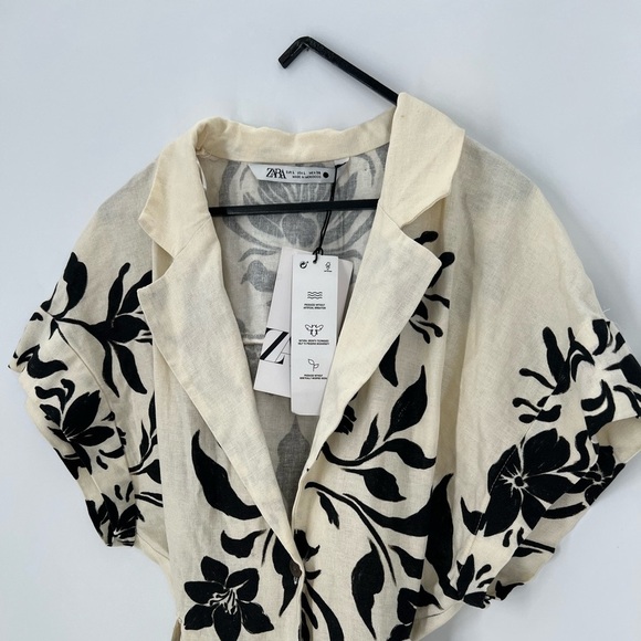 Zara Linen Blend Floral Belted Button Down Short Sleeve Mini Dress - Picture 6 of 9